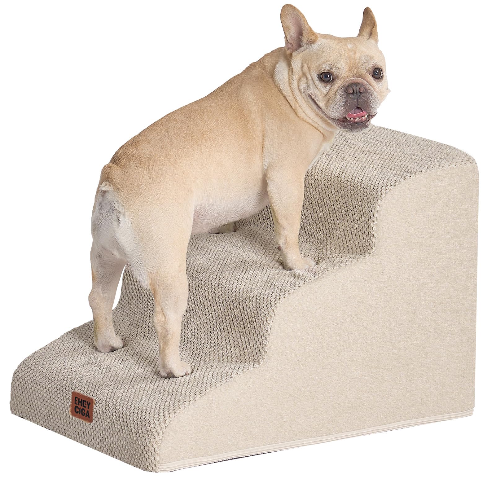 EHEYCIGA Curved Dog Stairs 3-step beige for easy sofa access.
