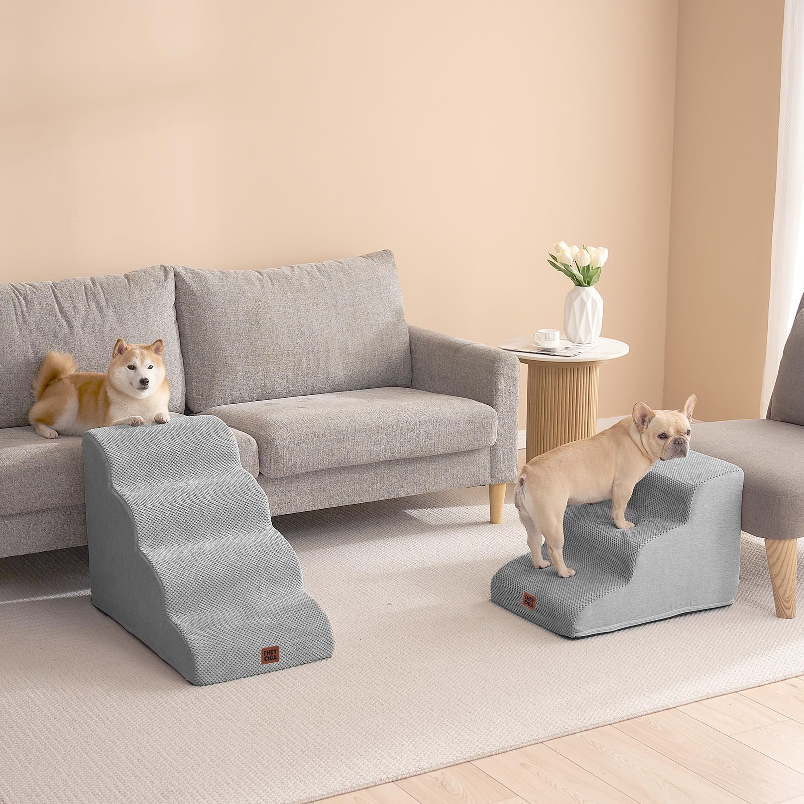 EHEYCIGA curved dog stairs 3-step option suits medium-height setups.