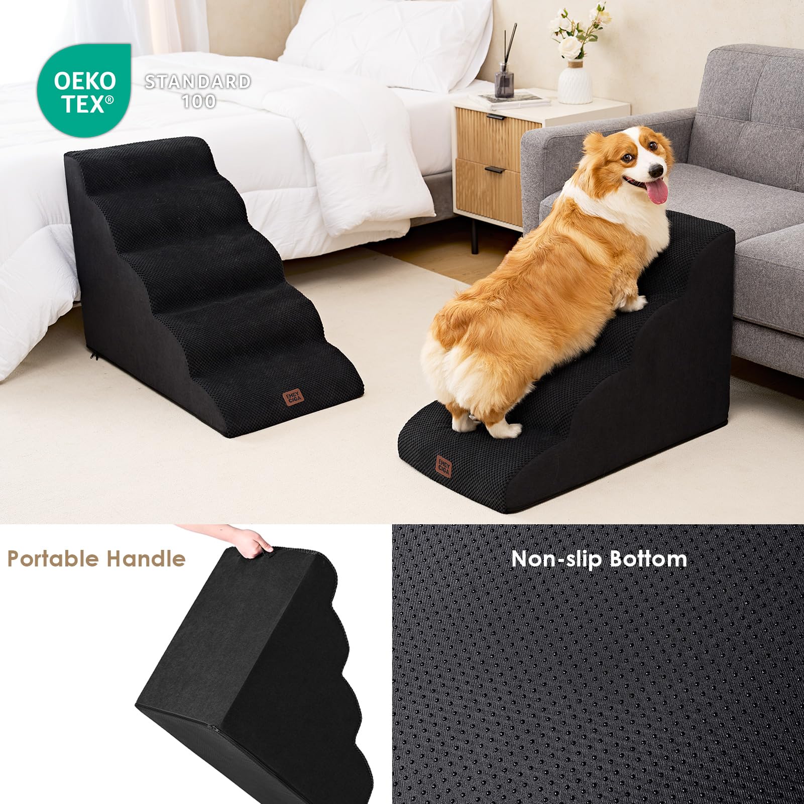 EHEYCIGA curved dog stairs 3-step option fits medium-height beds.
