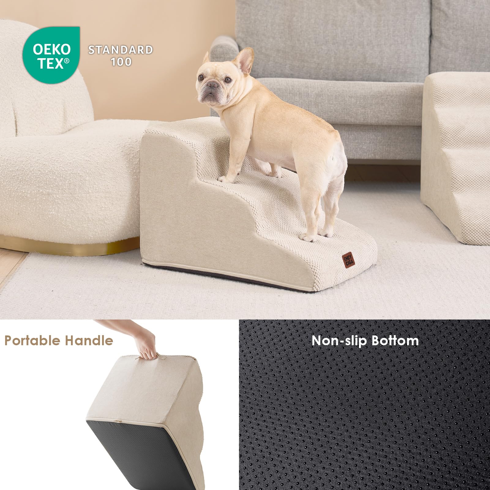EHEYCIGA Curved Dog Stairs 33D foam density provides steady support.
