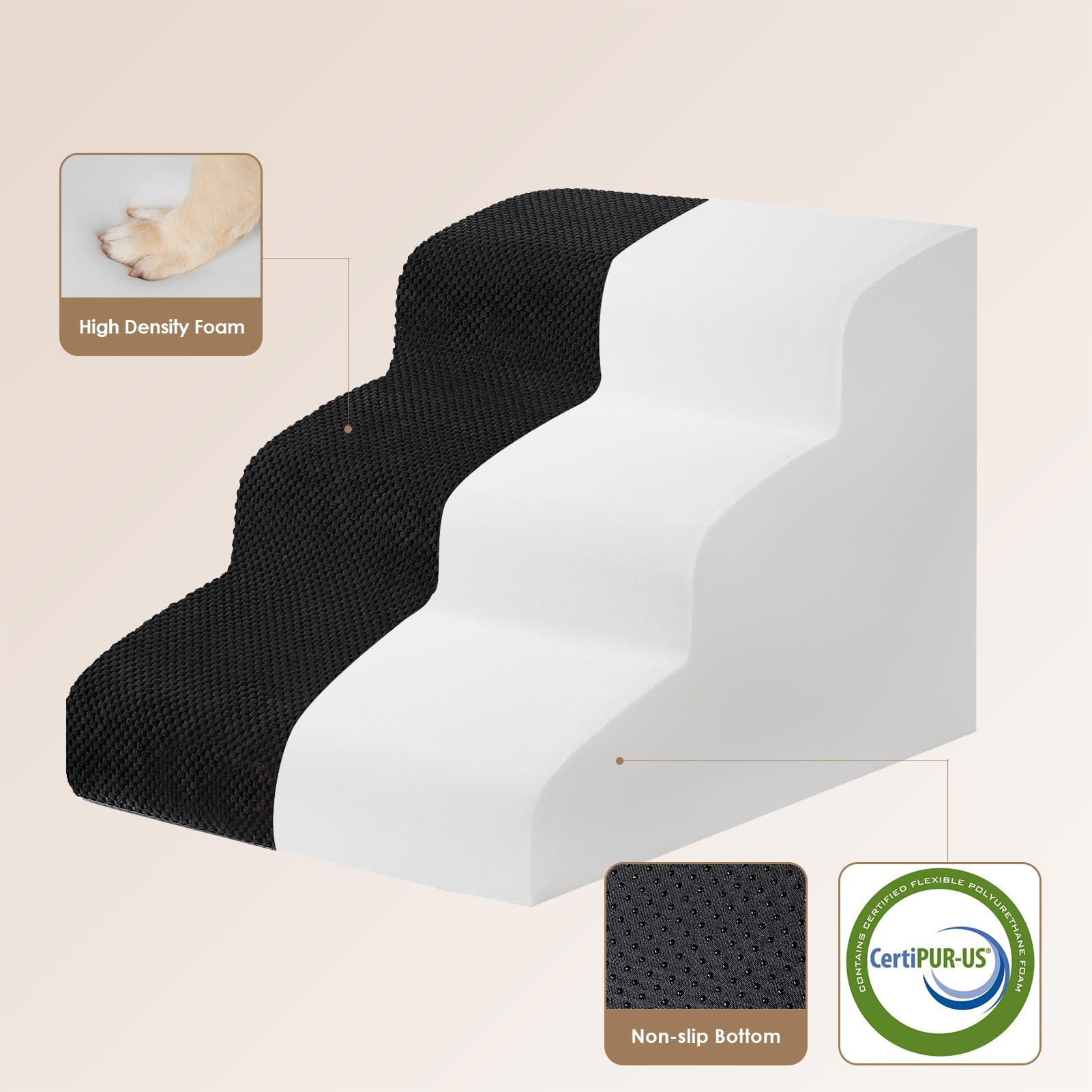 EHEYCIGA curved dog stairs 3-step side view shows balanced design for steady climbs