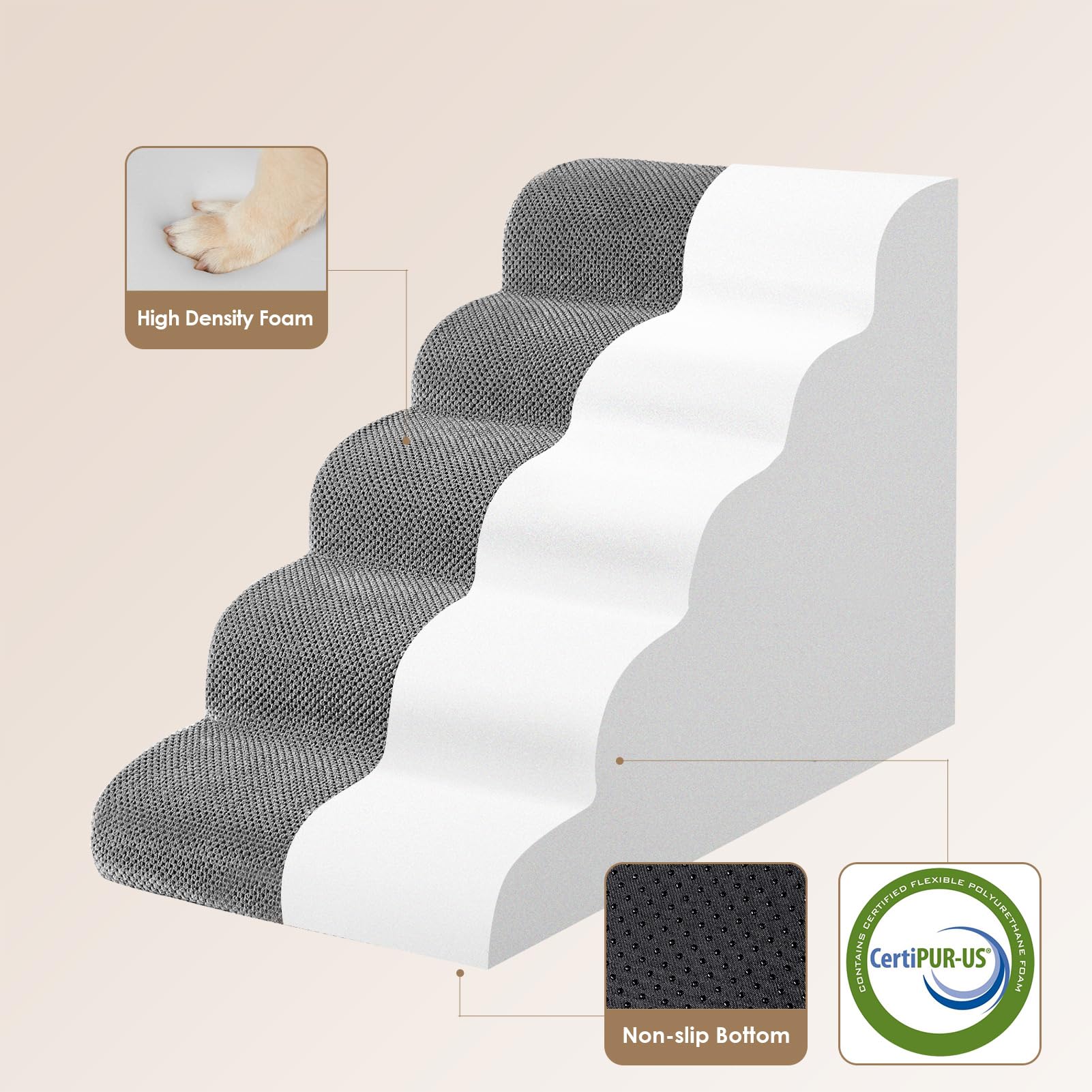EHEYCIGA curved 5-step stairs helping dogs reach high beds safely.