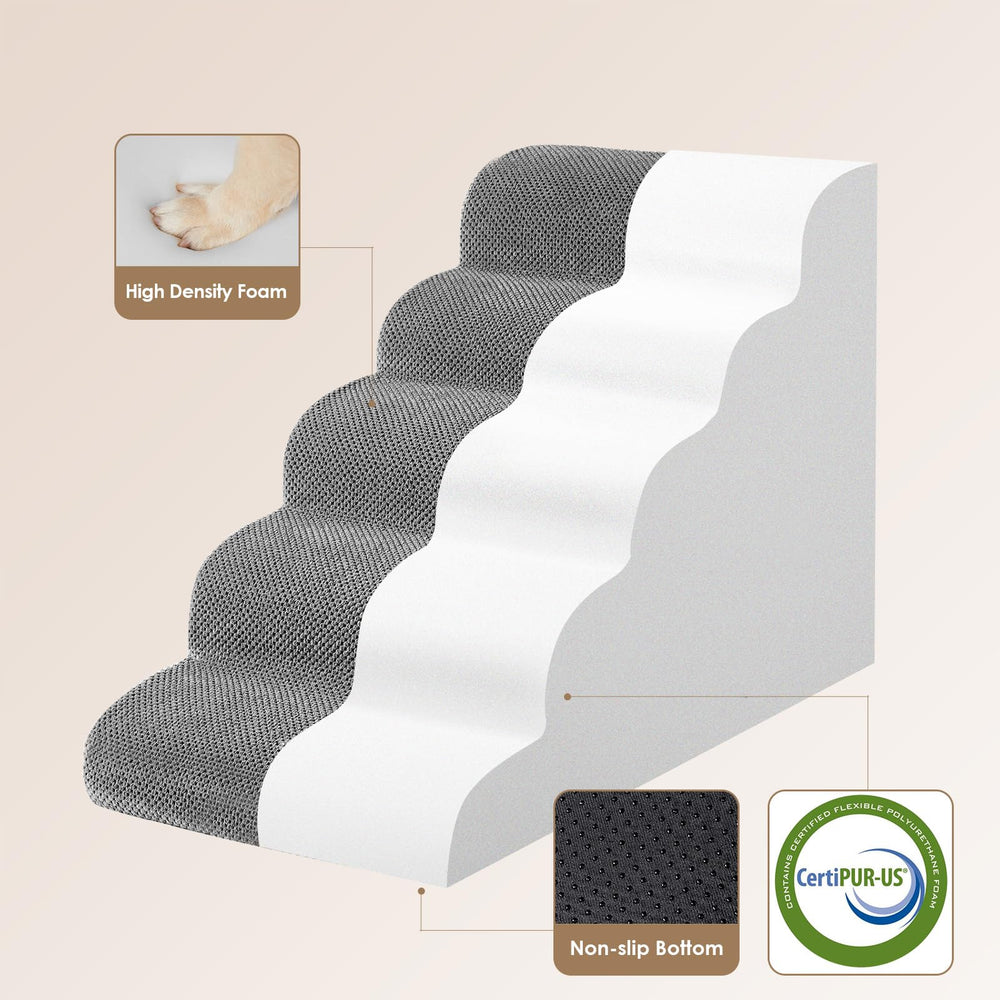 EHEYCIGA curved 5-step stairs helping dogs reach high beds safely.