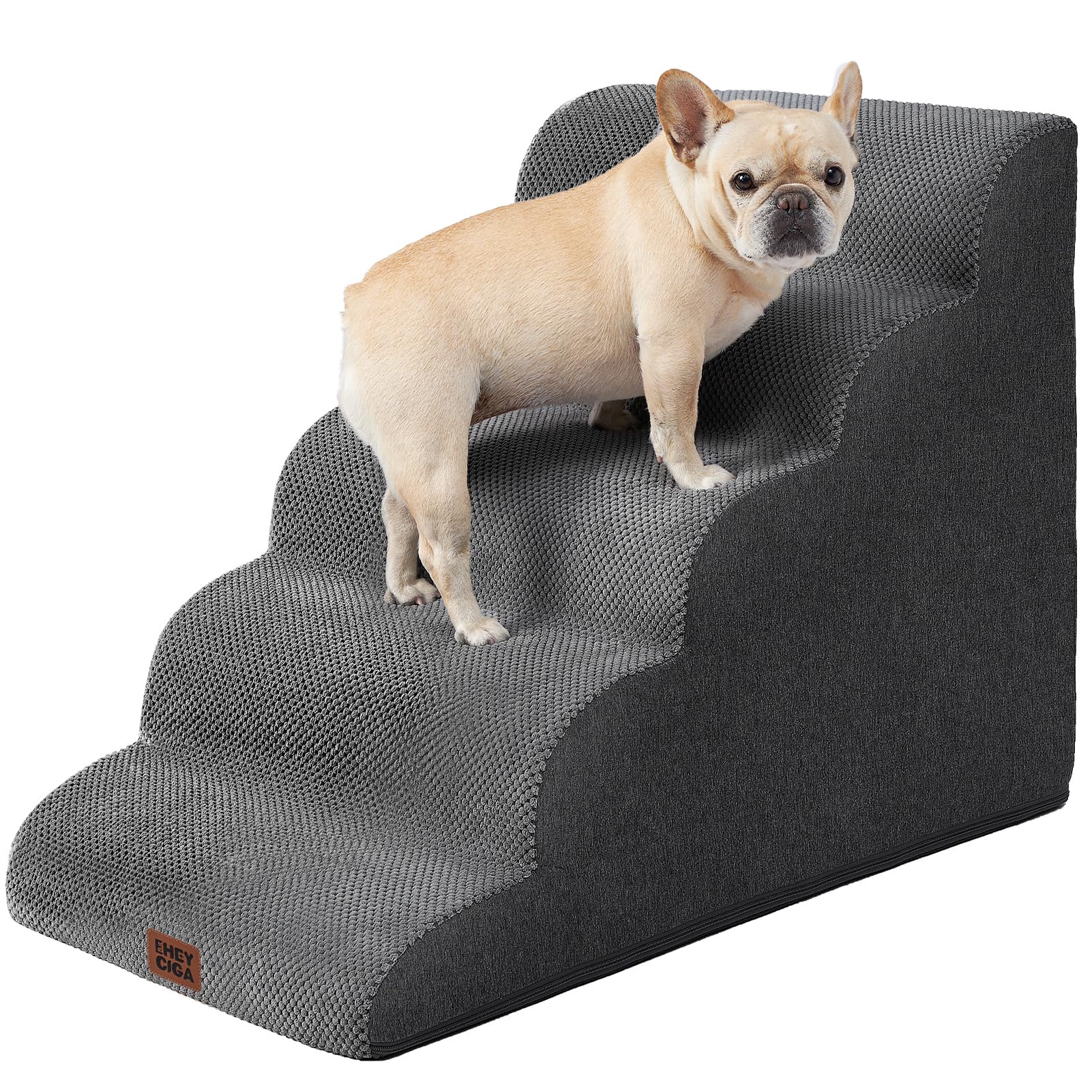 EHEYCIGA curved dog stairs by the bed edge support gentle climbs.