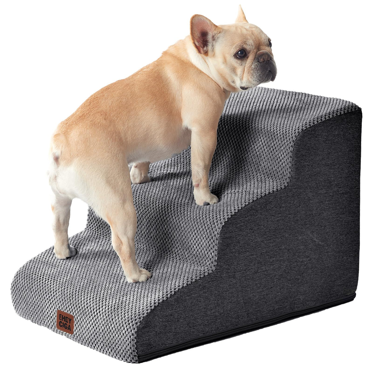 EHEYCIGA curved dog stairs placed at the sofa edge for easy climbs