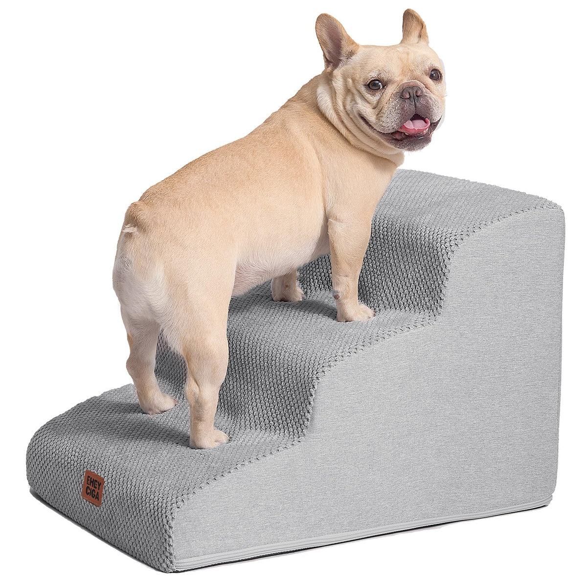 EHEYCIGA curved dog stairs front view, sturdy 3-step design for small dogs.