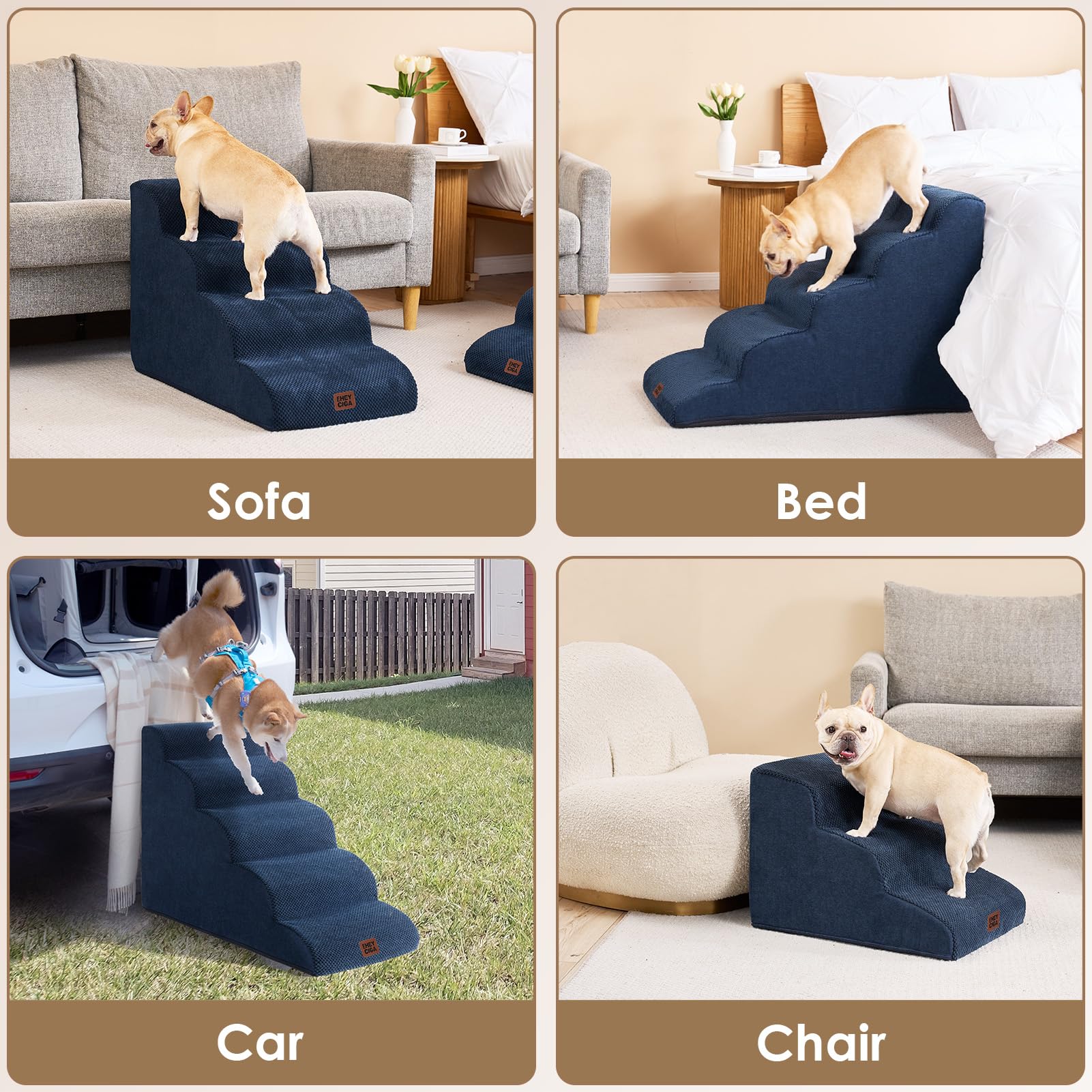 EHEYCIGA curved dog stairs navy 4-step configuration fits beds up to 21 inches