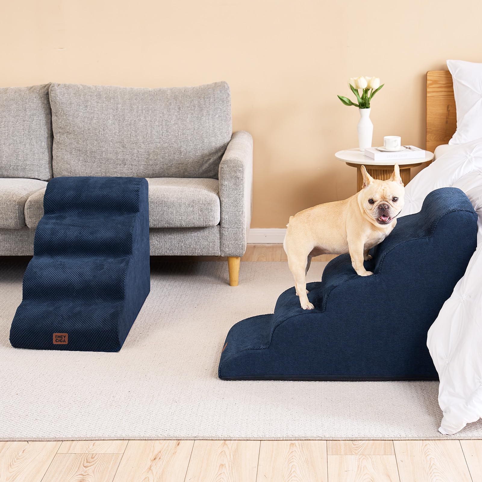 EHEYCIGA curved dog stairs navy edge-cling design fits against bed edge