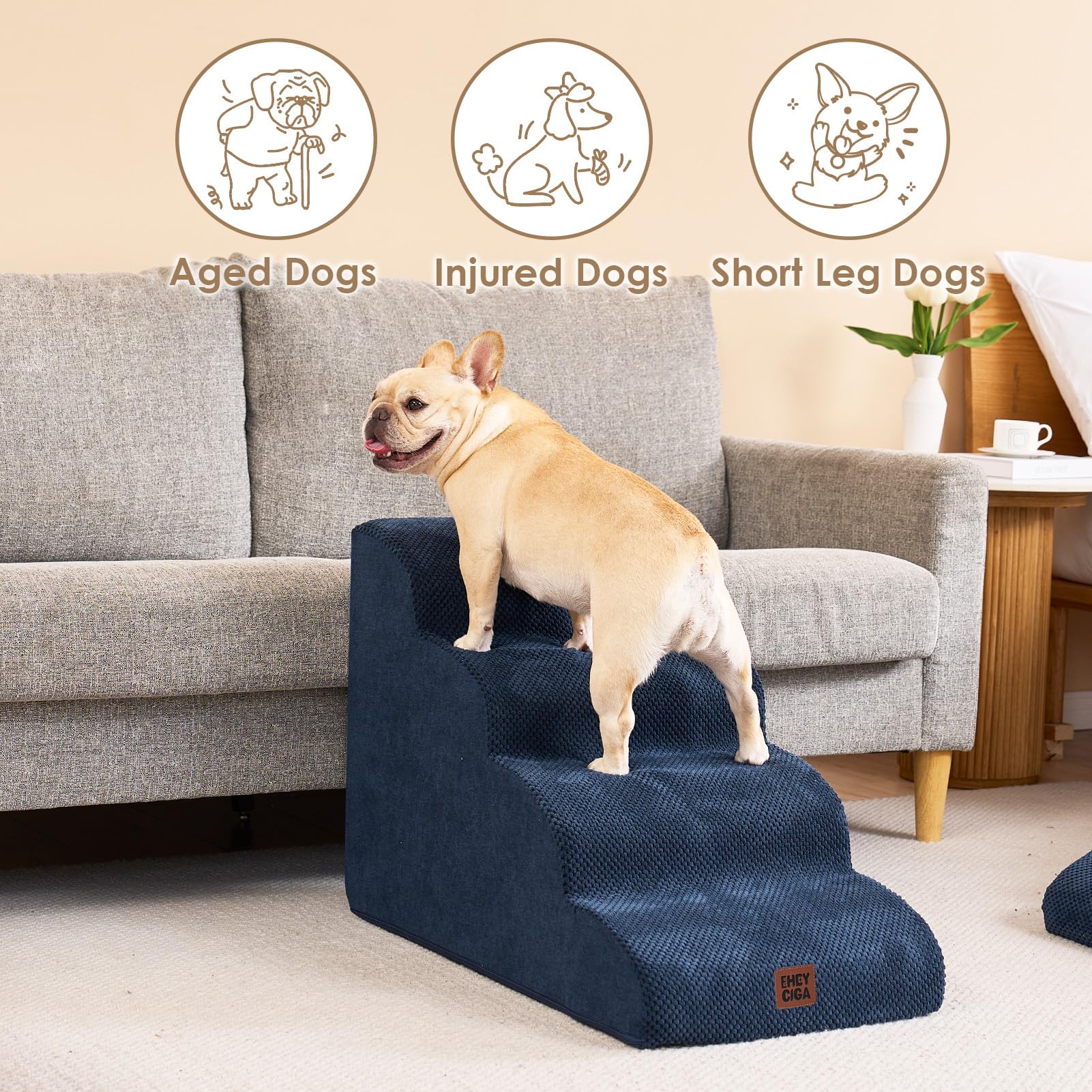 EHEYCIGA curved dog stairs navy foam detail emphasizes comfort and joint-friendly design