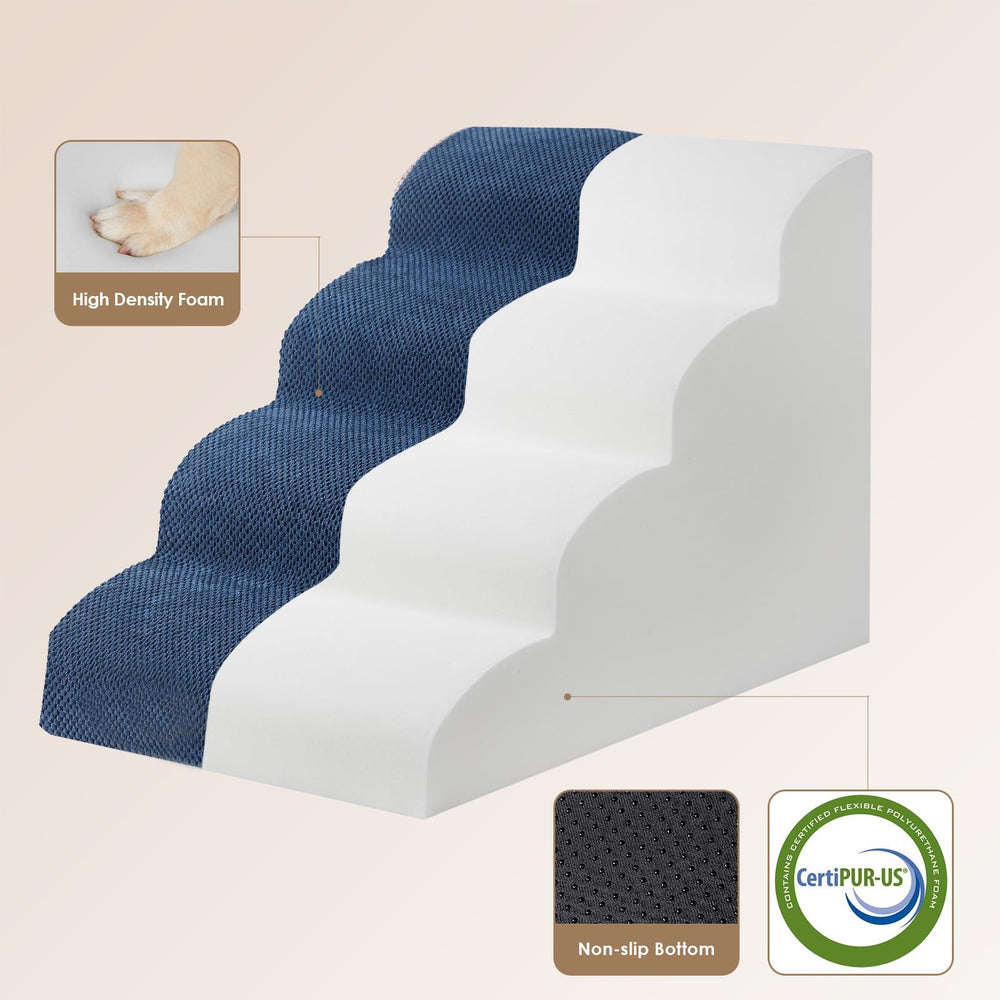 EHEYCIGA curved dog stairs navy side view shows non-slip stability on carpet