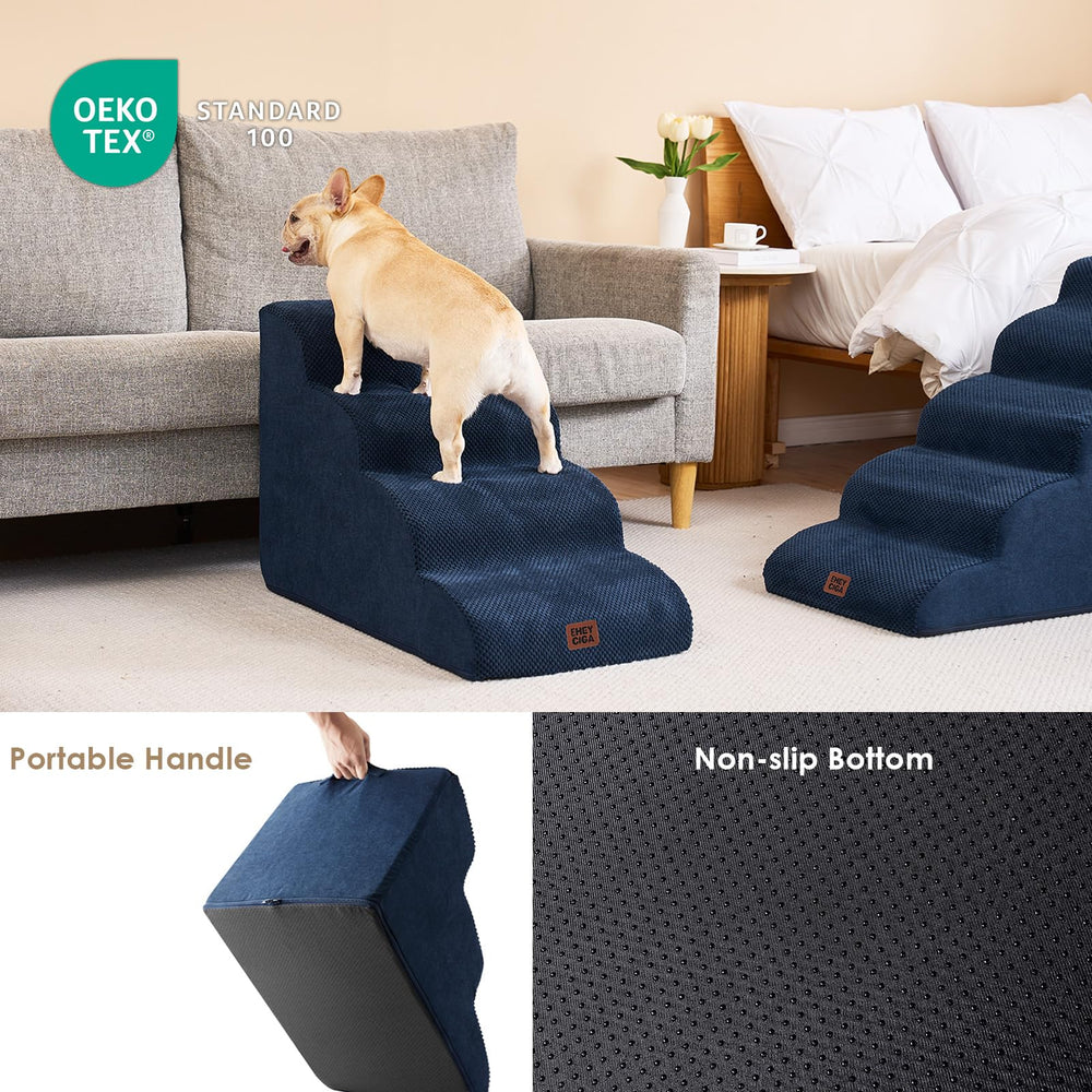 EHEYCIGA curved dog stairs navy washable cover shown during machine wash