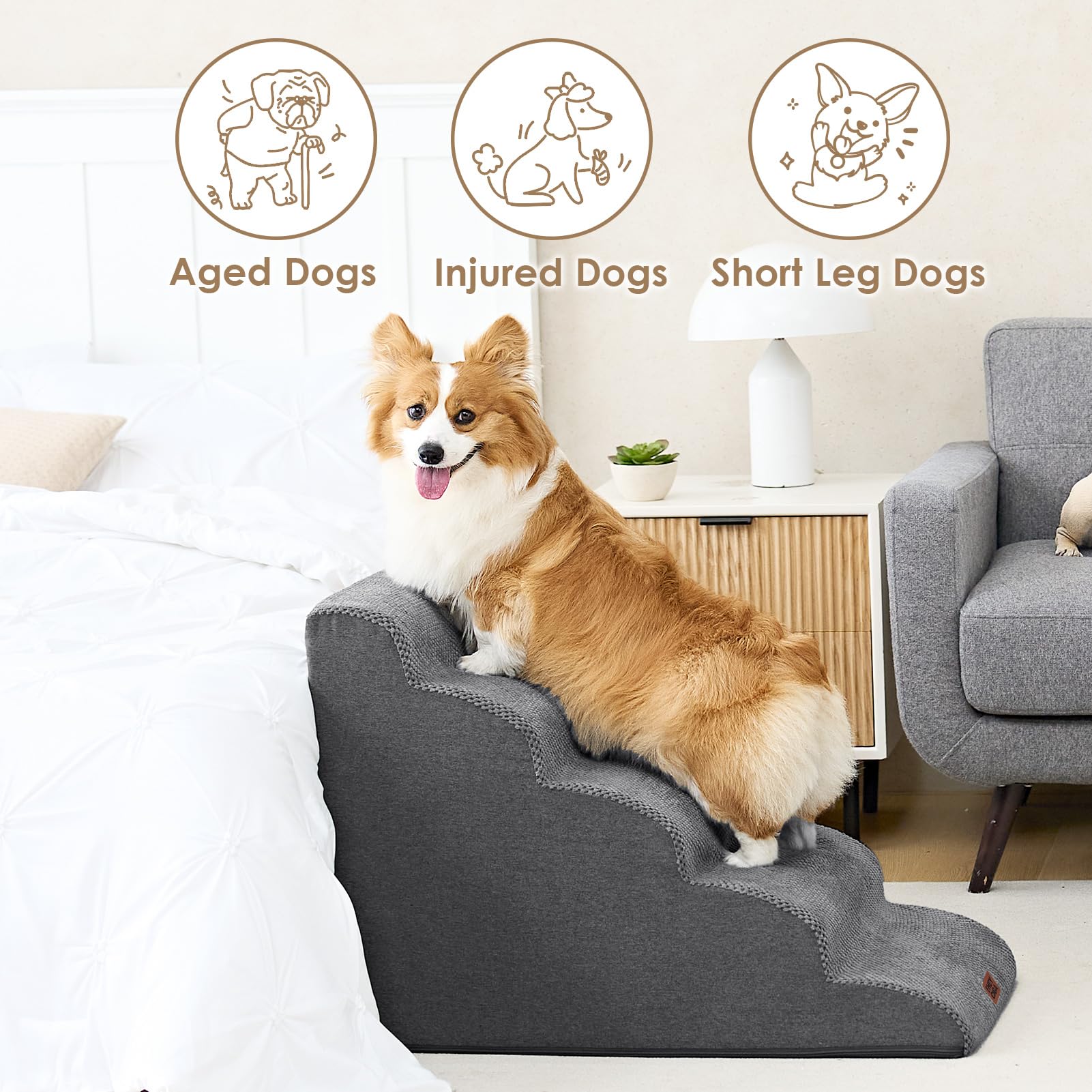 EHEYCIGA curved dog stairs removable fleece cover shown for easy cleaning.