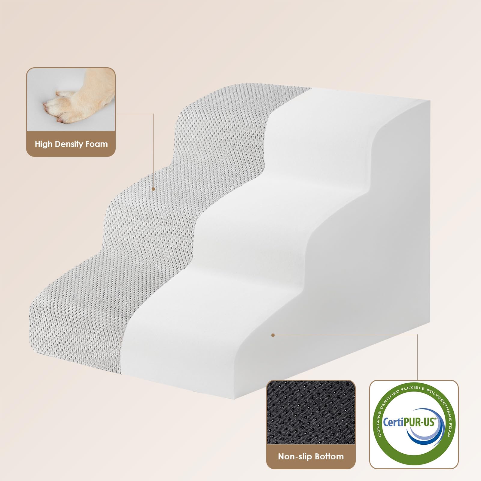 EHEYCIGA curved dog stairs side view, stable foam construction supports climbing.
