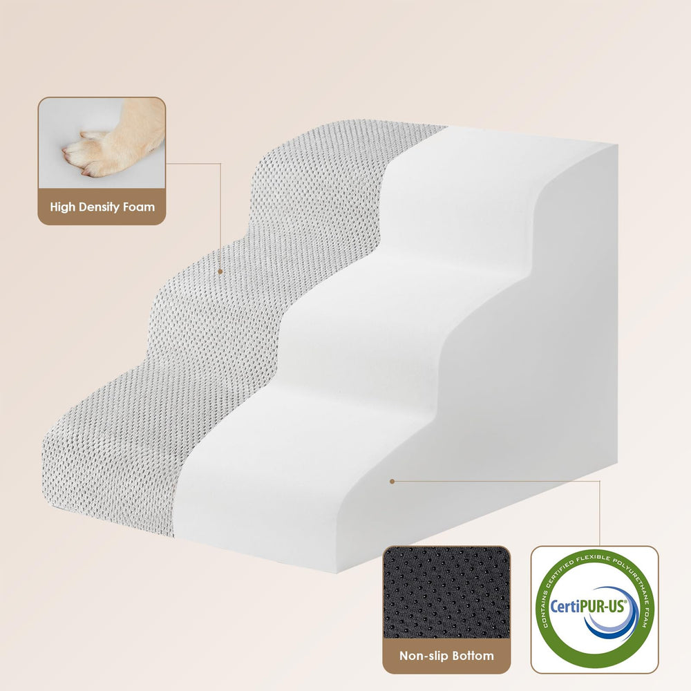 EHEYCIGA curved dog stairs side view, stable foam construction supports climbing.