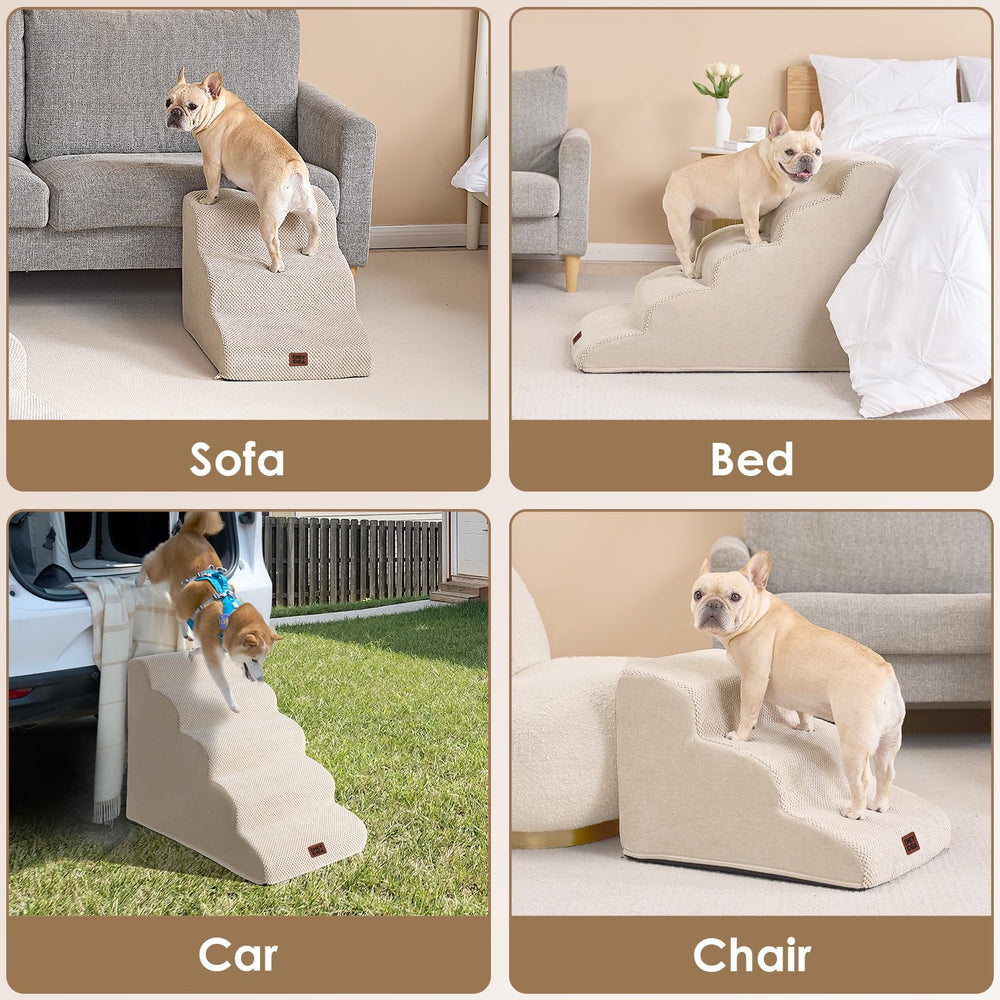 EHEYCIGA Curved Dog Stairs on sofa for safe pet access.