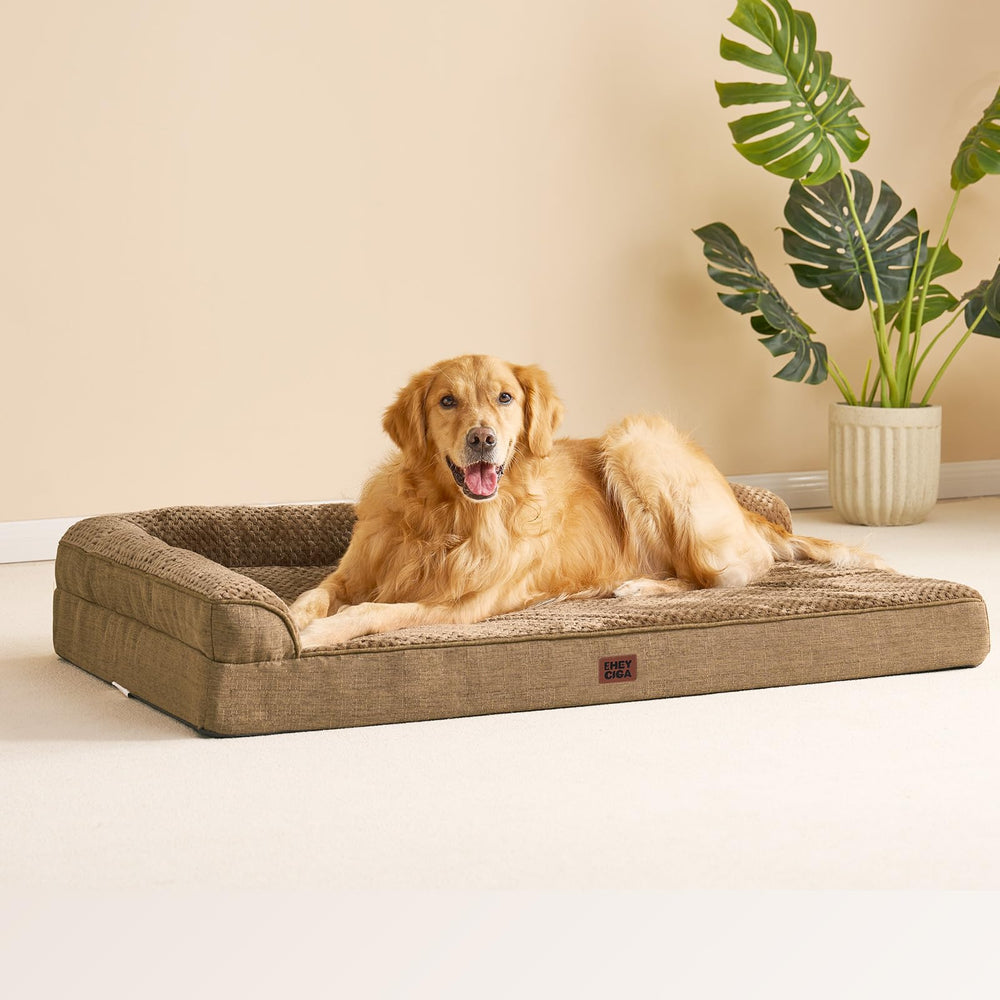 EHEYCIGA camel-colored dog bed blends with home decor.
