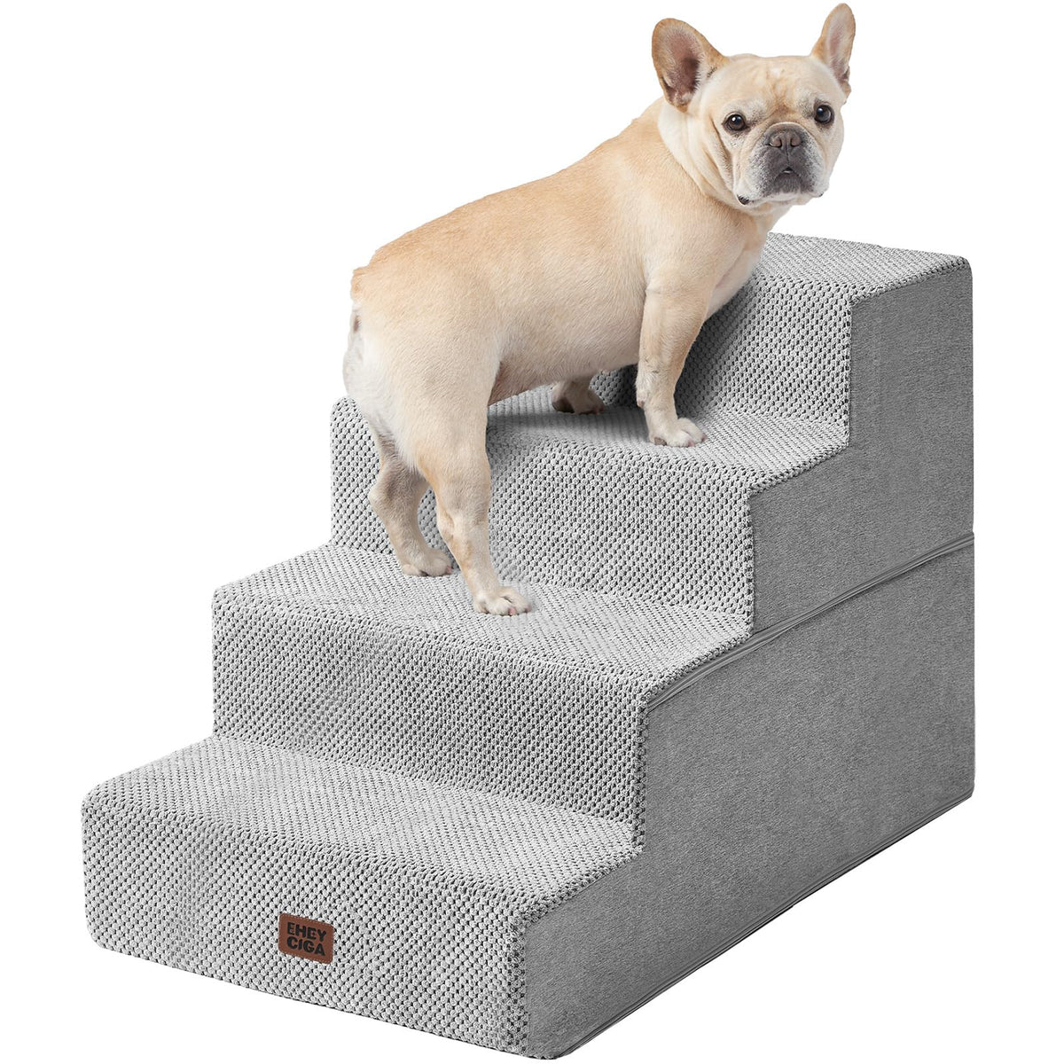 EHEYCIGA dog stairs aligned at the bed edge for easy climbs.