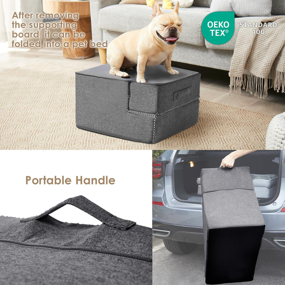4-step EHEYCIGA dog stairs positioned on a medium-height bed