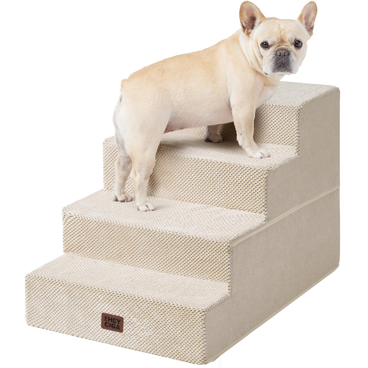 EHEYCIGA 4-step beige dog stairs front view for easy bed access.