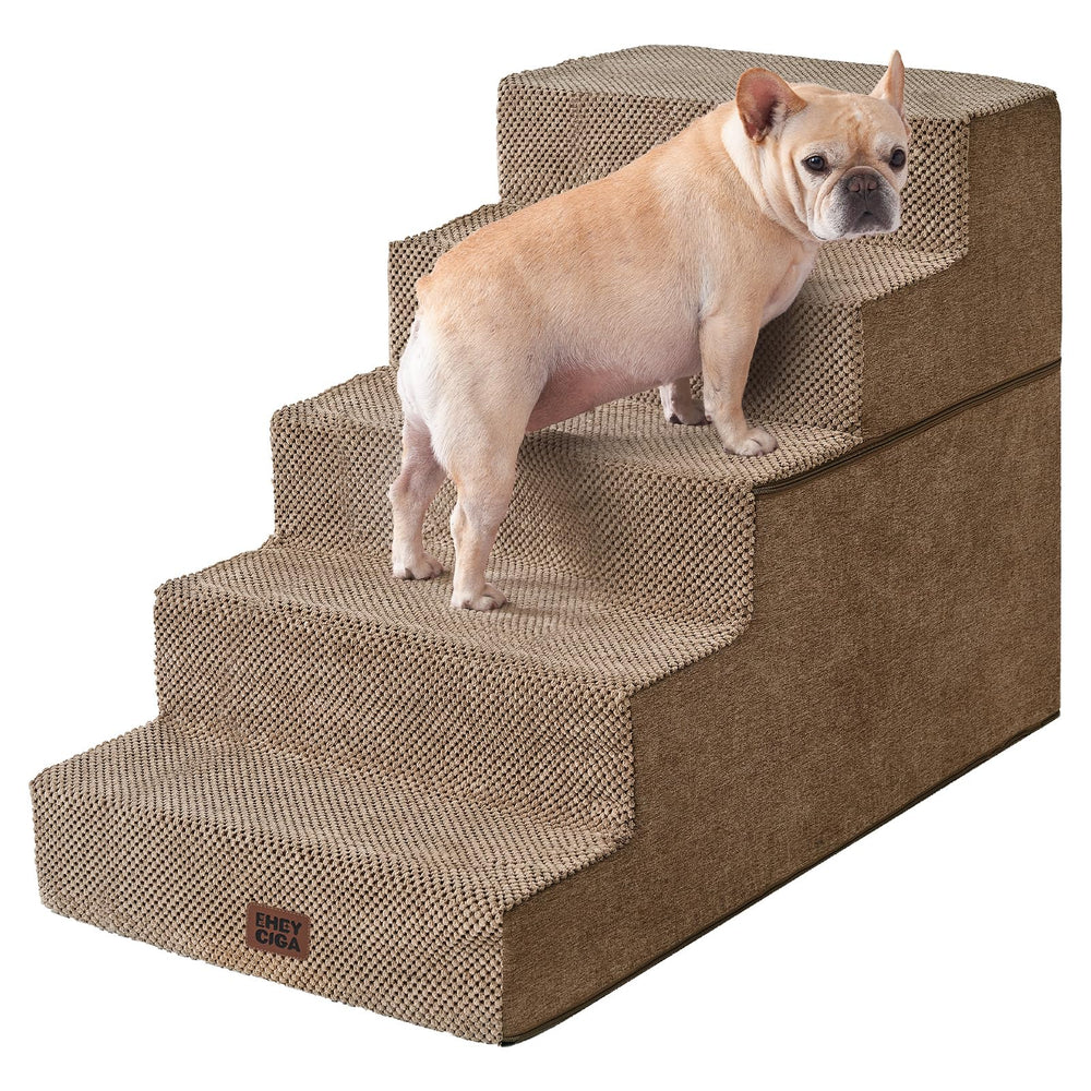 EHEYCIGA 5-step dog stairs side view, stable wide steps for confident climbs.