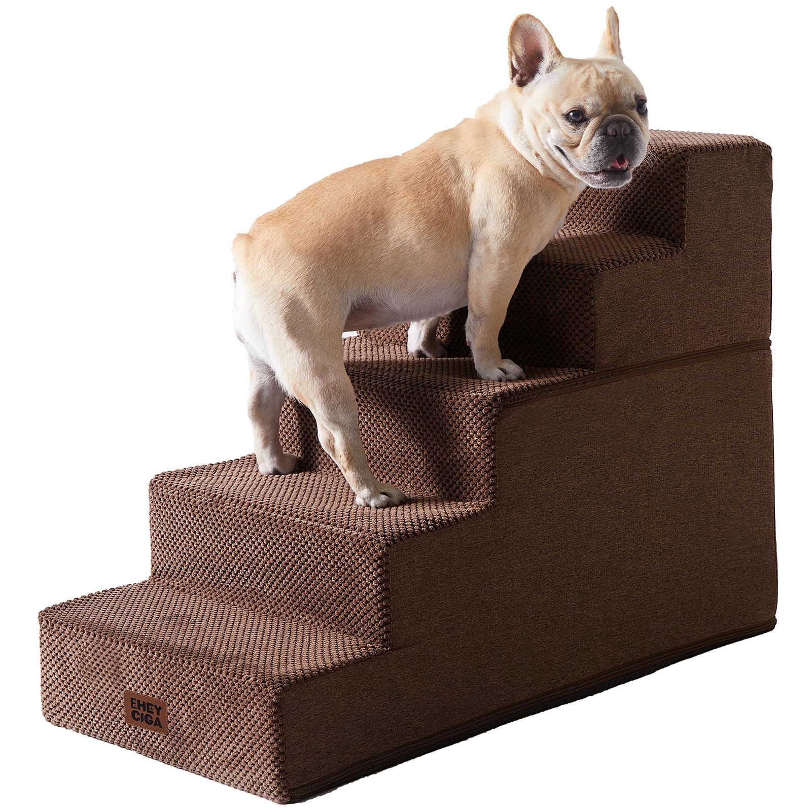 EHEYCIGA 5-step dog stairs beside bed showing sturdy foam and non-slip base.