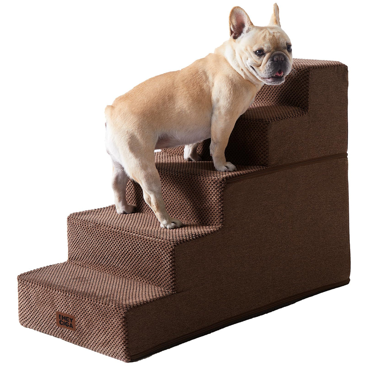 EHEYCIGA 5-step dog stairs beside bed showing sturdy foam and non-slip base.