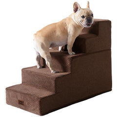 EHEYCIGA 5-step dog stairs beside bed showing sturdy foam and non-slip base.