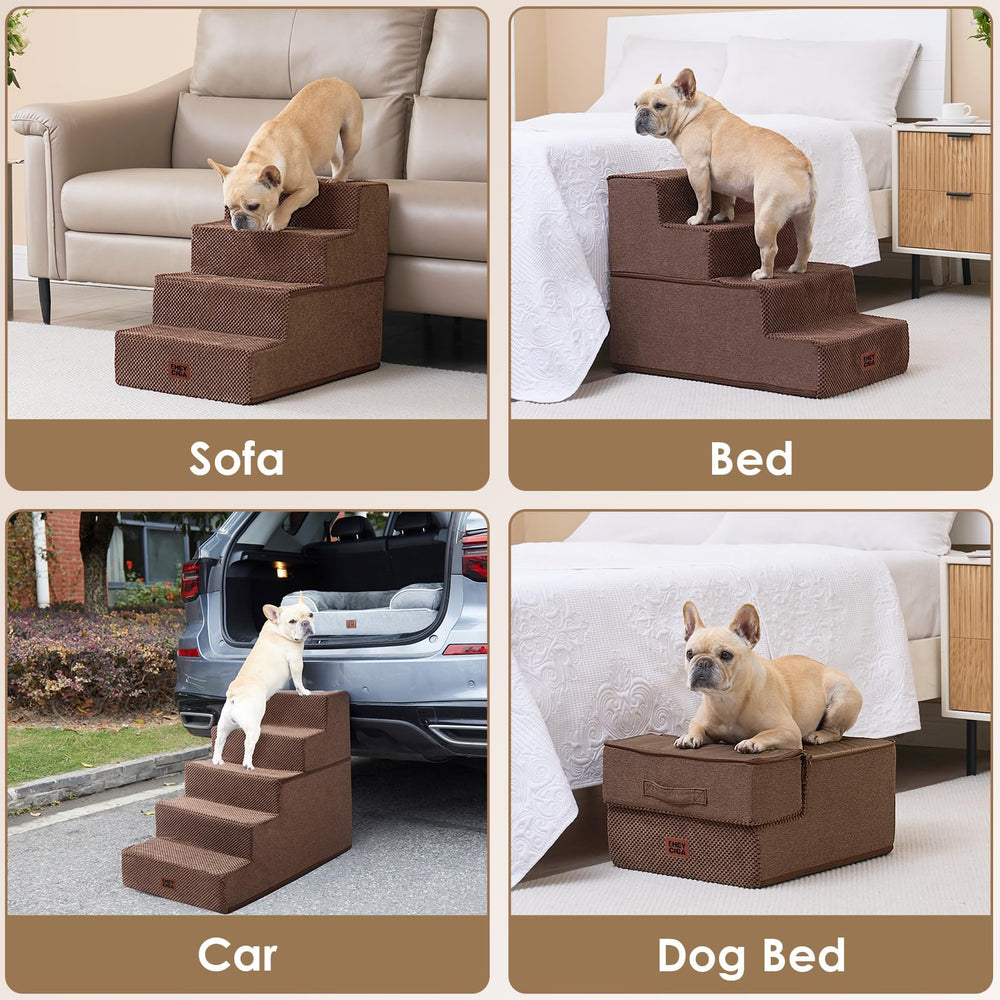 EHEYCIGA dog stairs in use beside bed for easy nightly access.