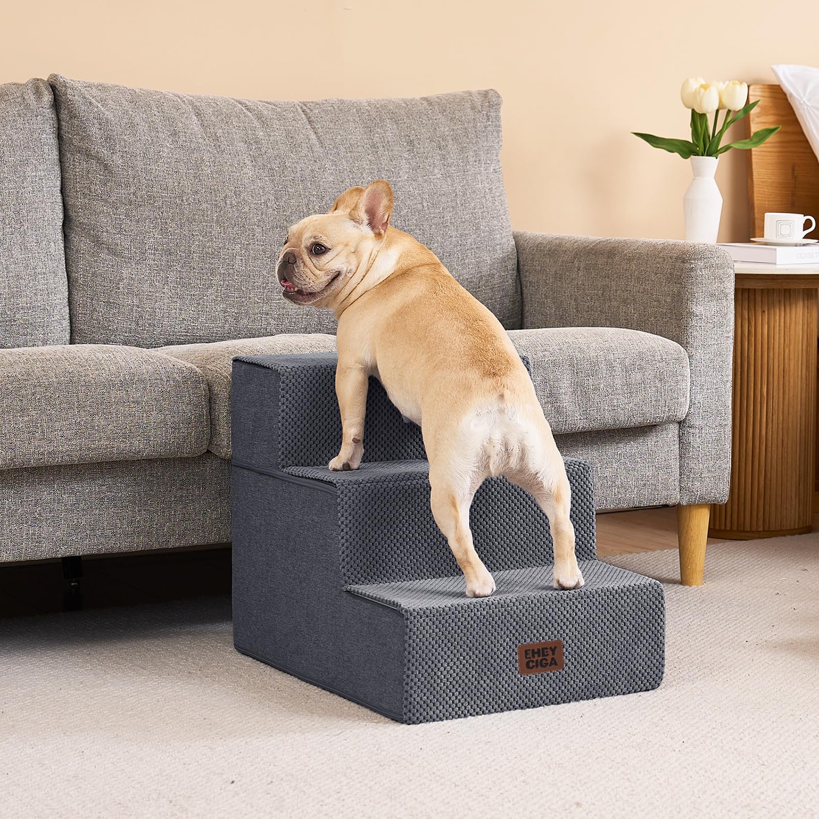 EHEYCIGA dog stairs folded into bed for cozy rest.