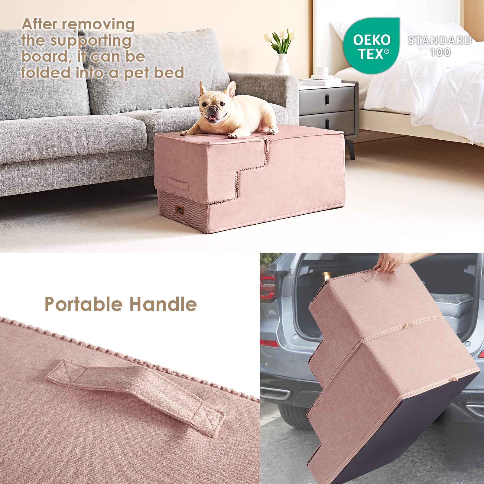 Non-slip base on EHEYCIGA pink dog stairs for stable indoor use