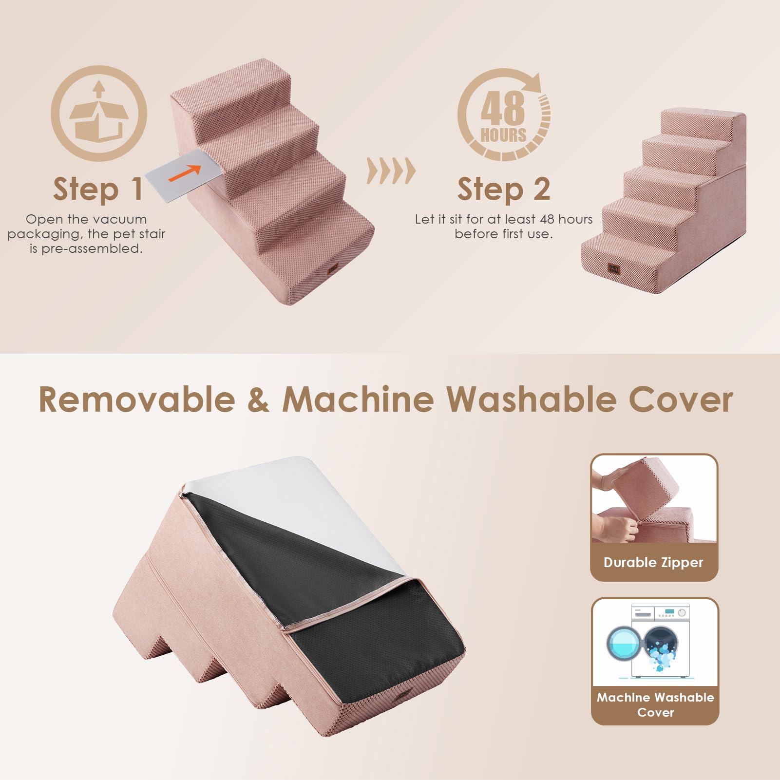 Removable washable cover on EHEYCIGA pink dog stairs for easy cleaning