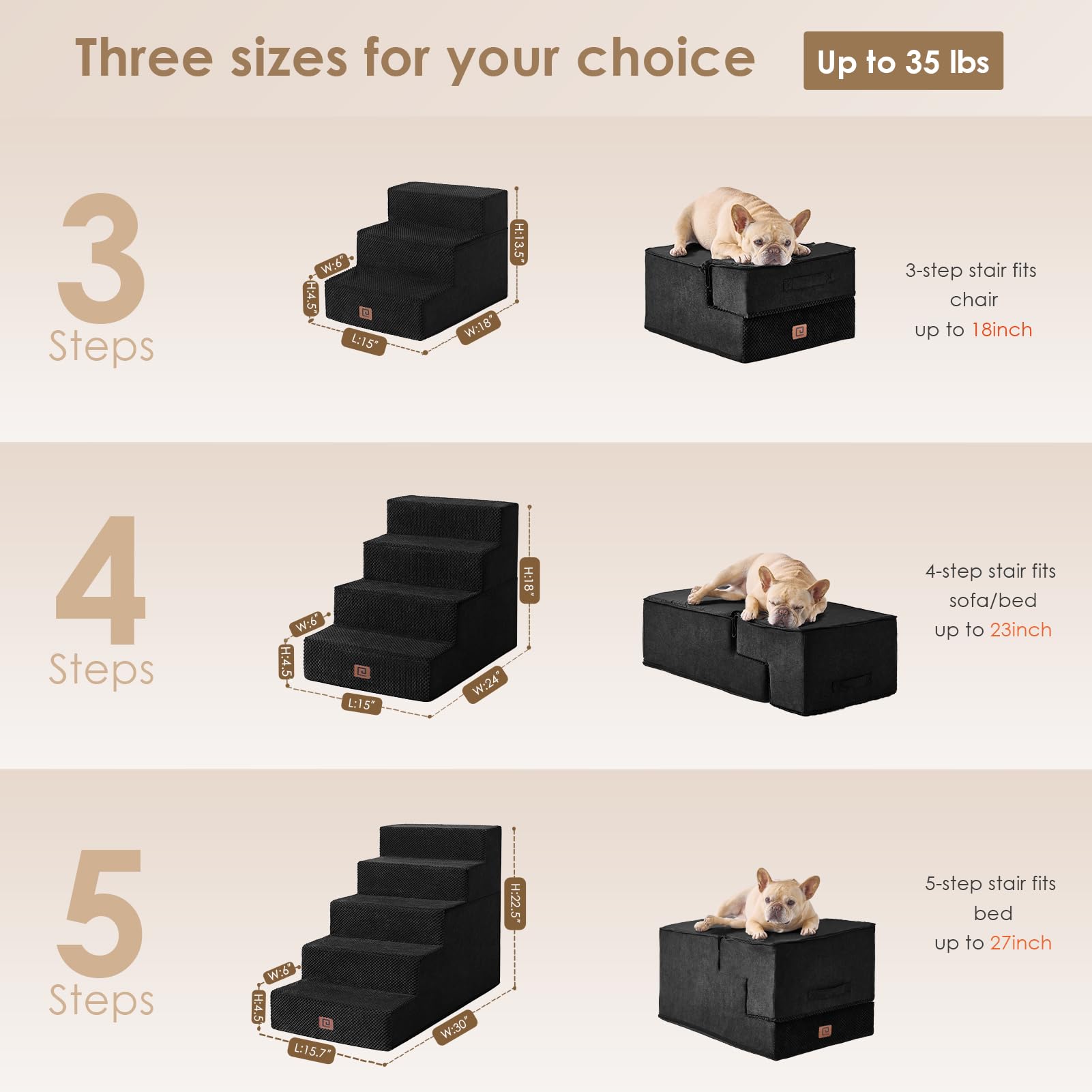 Side view of EHEYCIGA 4-step dog stairs for stable indoor use