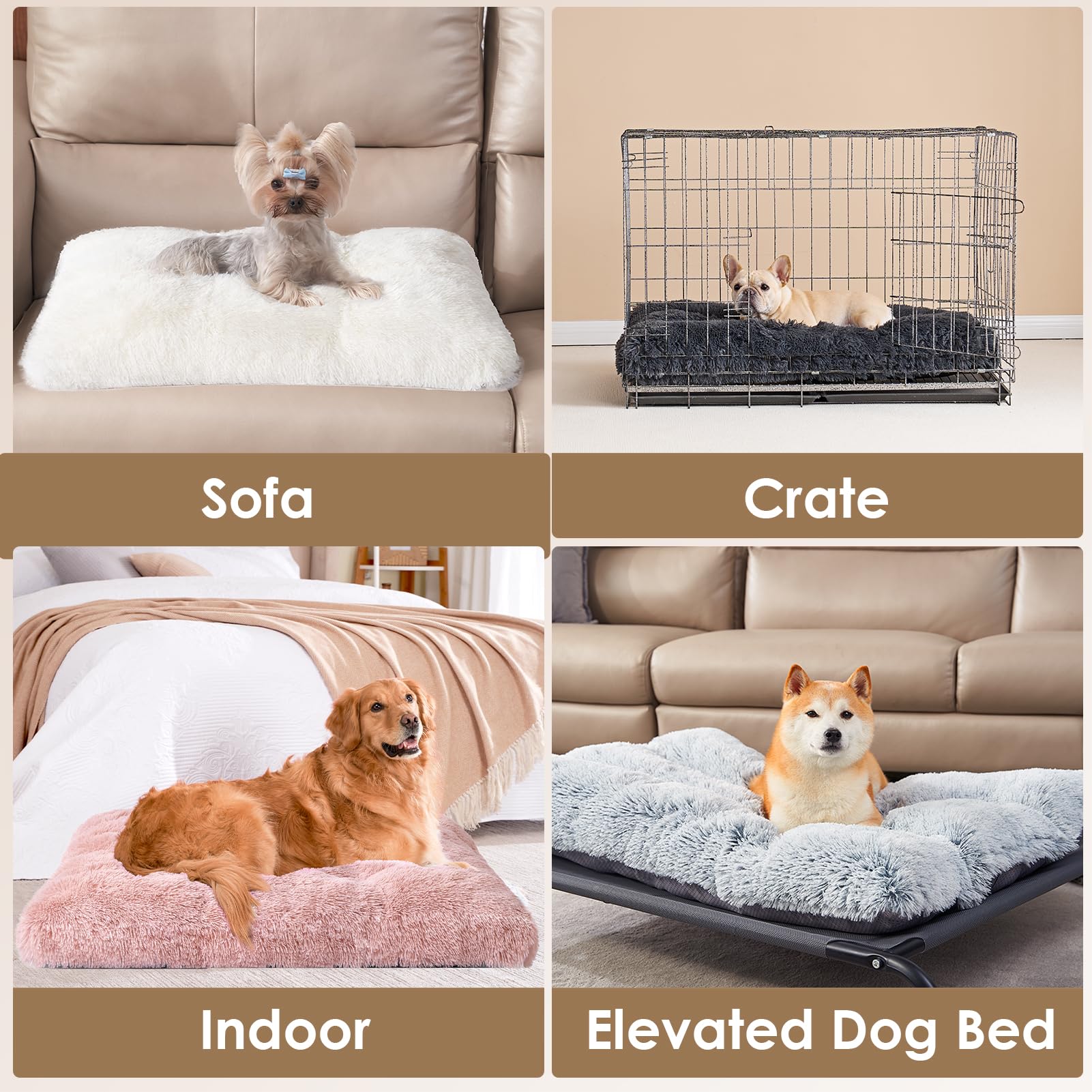 EHEYCIGA Fluffy Dog Crate Bed in car trunk for travel comfort.