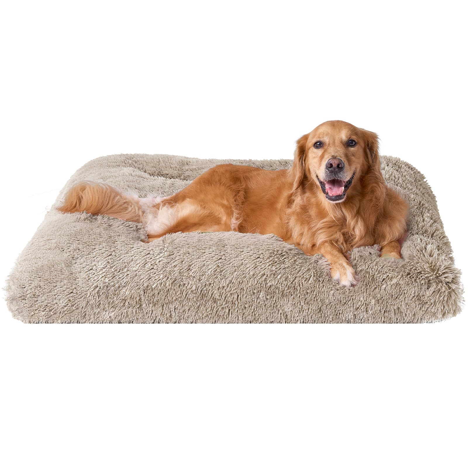 EHEYCIGA XL fluffy dog crate bed in taupe with soft fur for comfort.