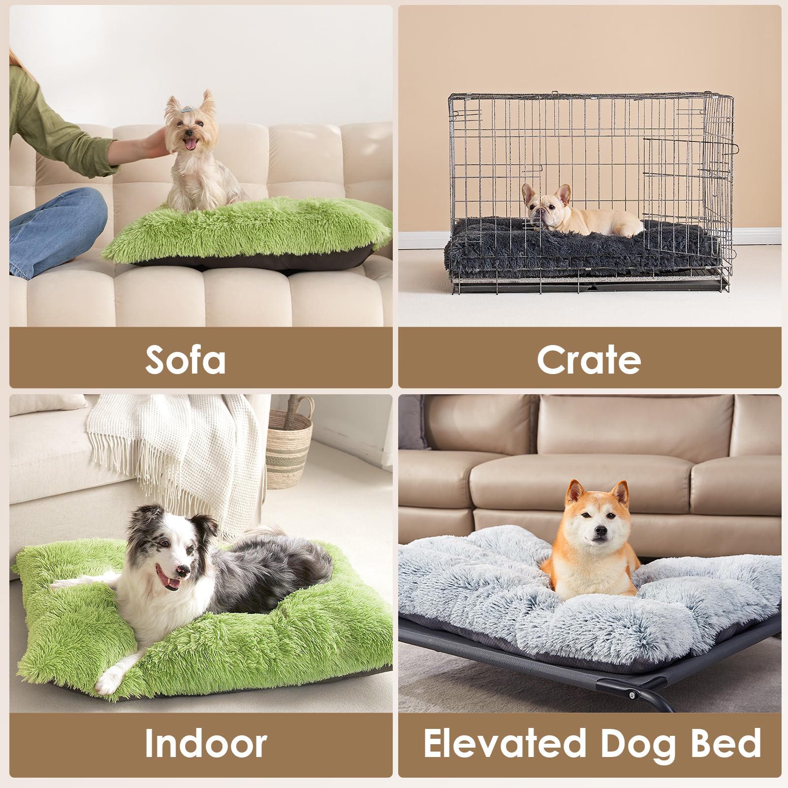 EHEYCIGA Fluffy XL dog crate bed green fabric complements room decor.