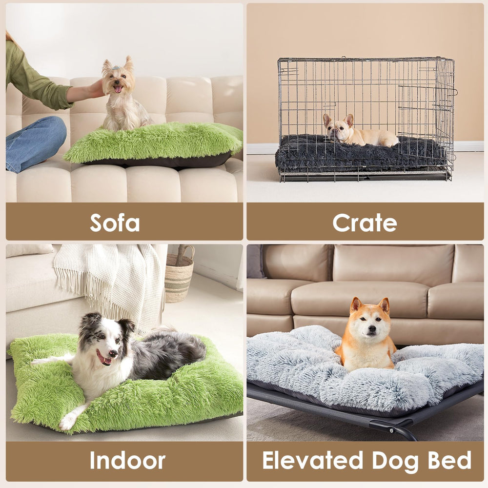 EHEYCIGA Fluffy XL dog crate bed green fabric complements room decor.