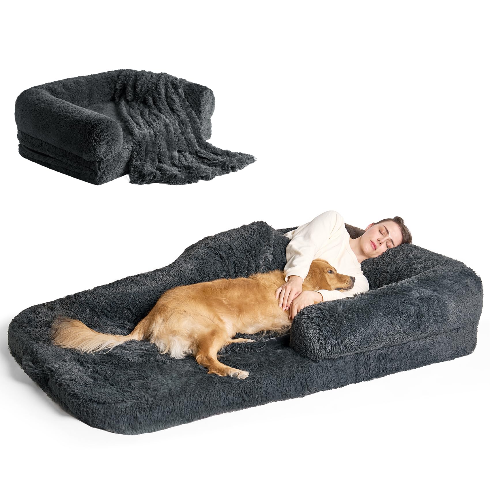 EHEYCIGA foldable human dog bed cover close-up with plush faux fur for cozy resting.