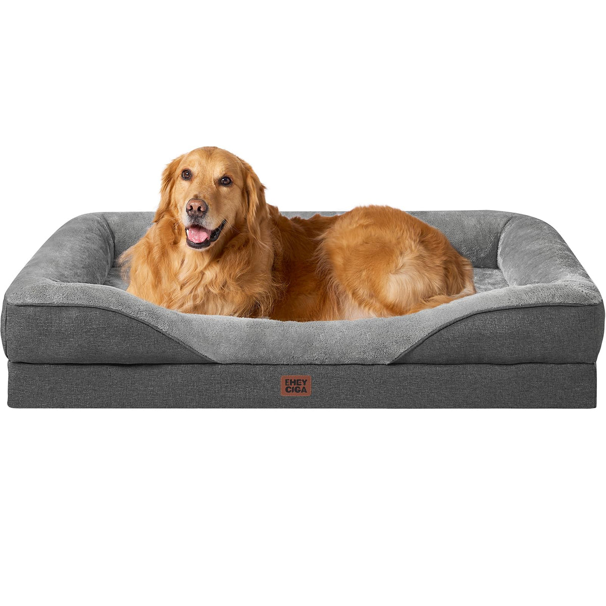 EHEYCIGA orthopedic XL dog bed outer shows four-sided bolster for neck and head support.