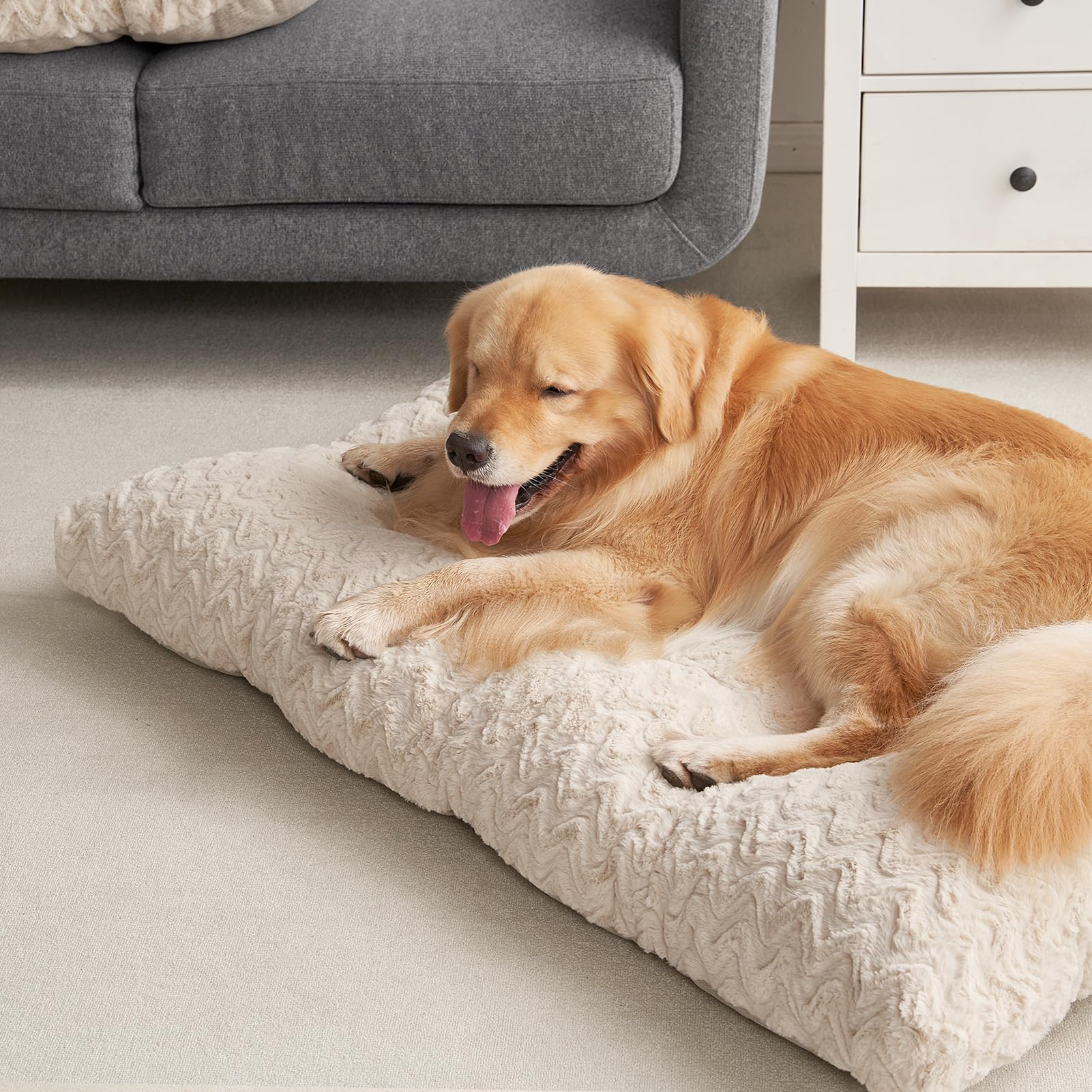 Beige EHEYCIGA dog bed in a home setting highlighting versatility and size.
