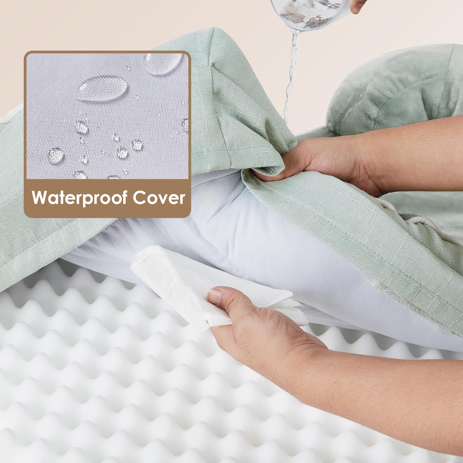 Waterproof cover layer atop fleece to keep the sleeping area dry.