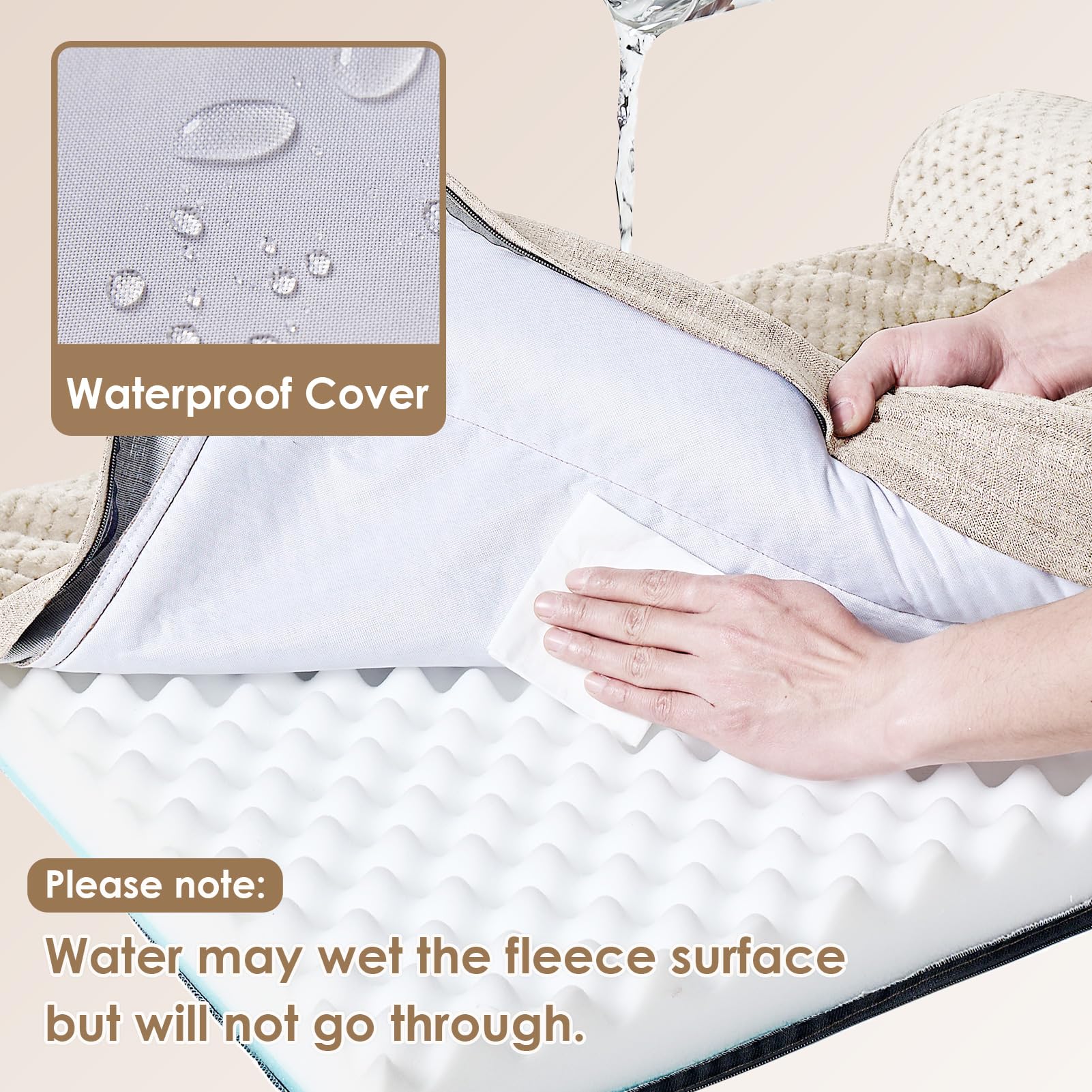 EHEYCIGA dog bed highlighting waterproof film layer for durability.