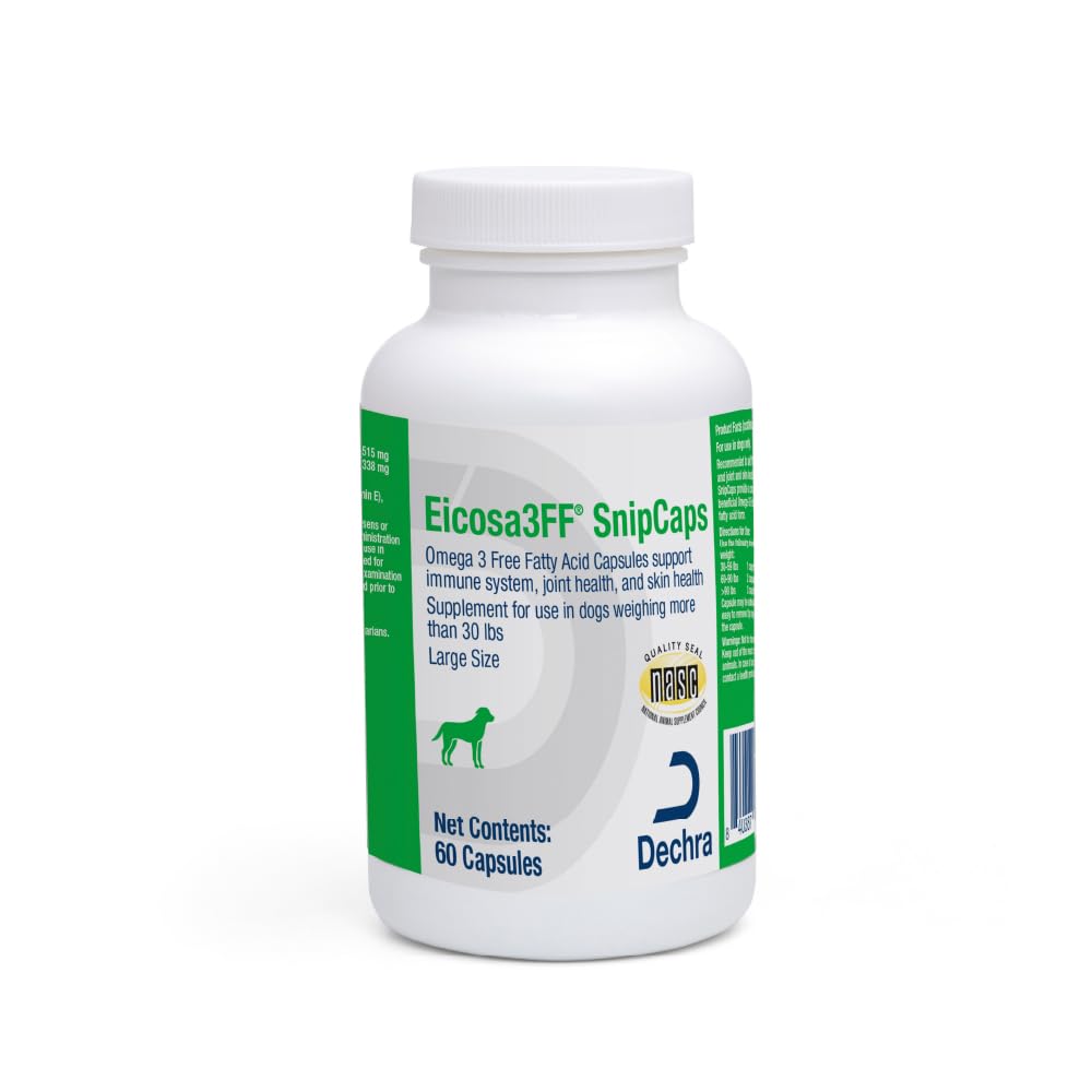 Eicosa3FF SnipCaps dog bottle shows easy-to-administer capsules for daily use.