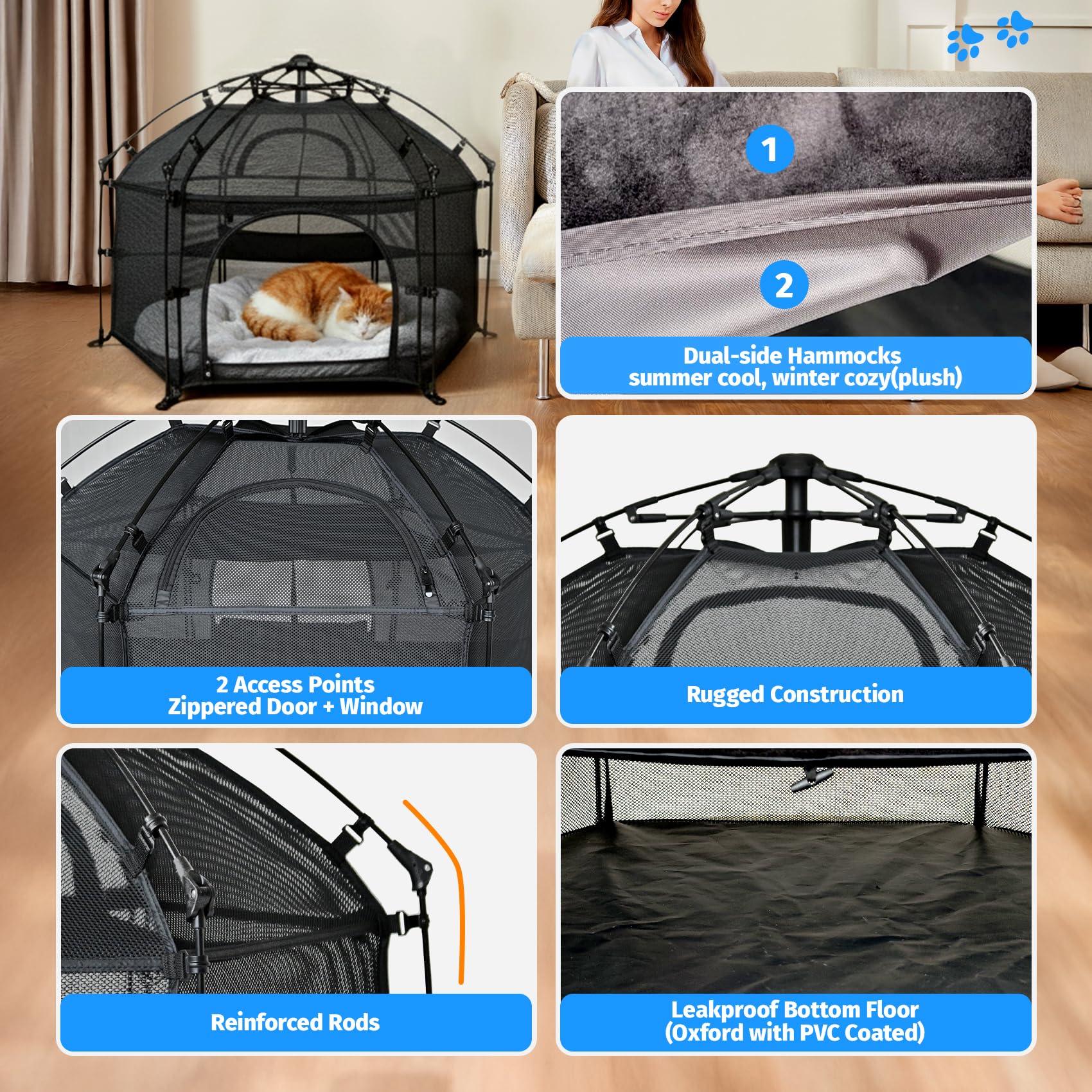 EighteenTek Catio breathable mesh windows promote airflow while keeping cats visible.