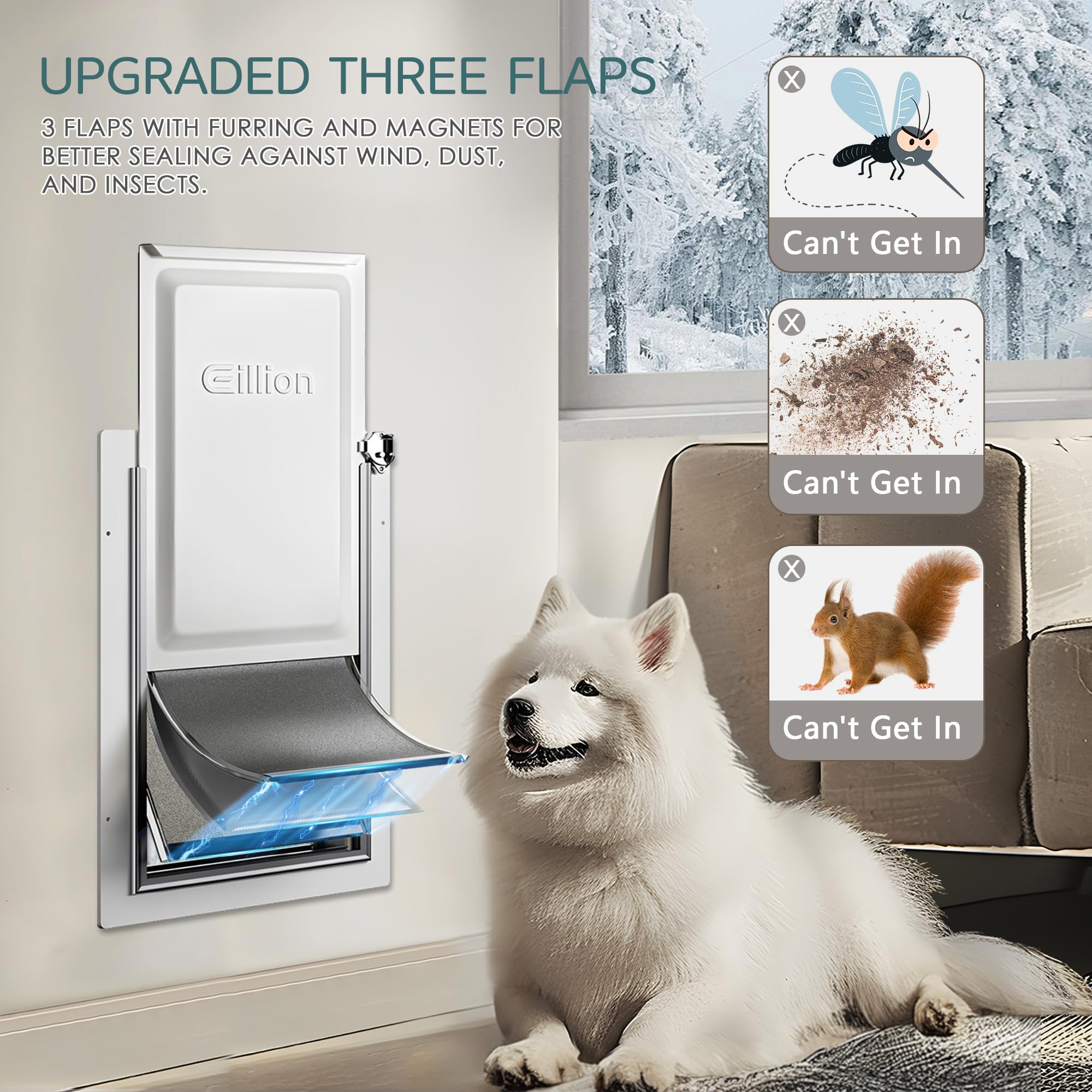 Eillion 3-flap wall dog door opening accommodates pets up to 100 lb for easy indoor-outdoor access.