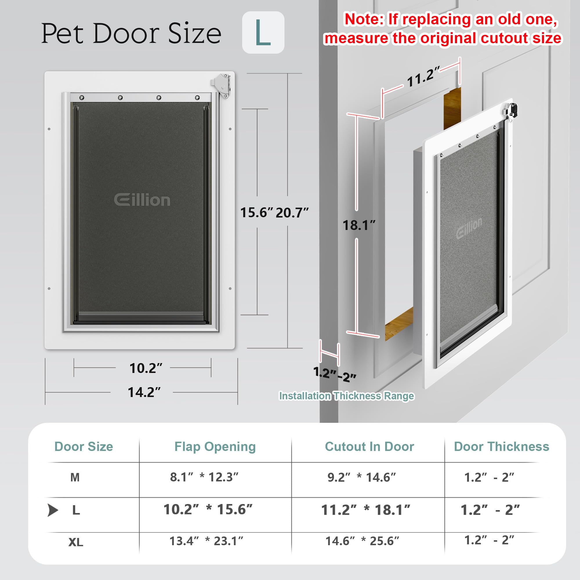 Eillion exterior install shows adjustable tunnel fits multiple door thicknesses.