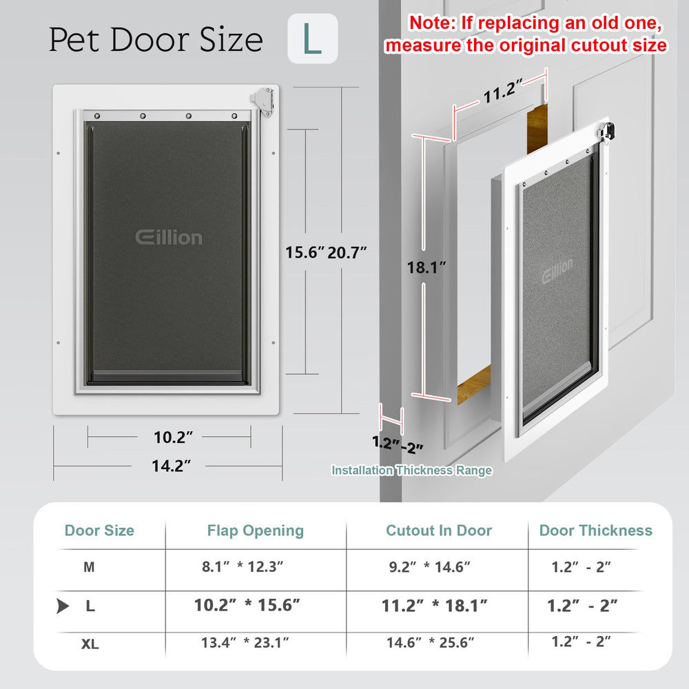 Eillion exterior install shows adjustable tunnel fits multiple door thicknesses.
