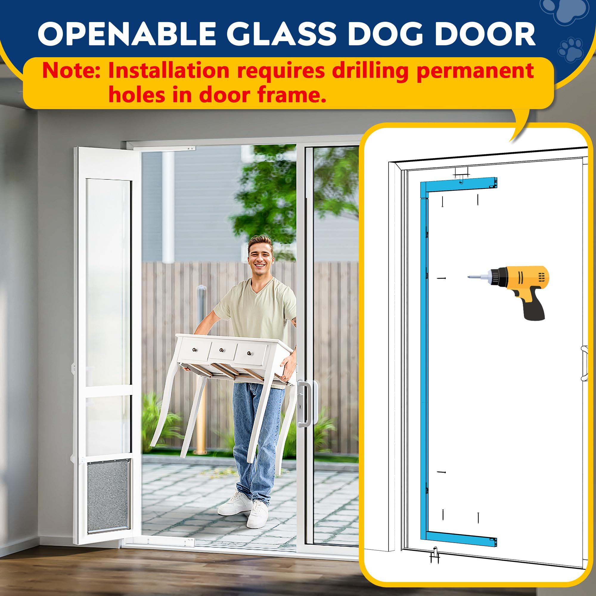 Eillion adjustable-height dog door demonstrates height range from 91-7/16 to 96 inches for a precise fit.
