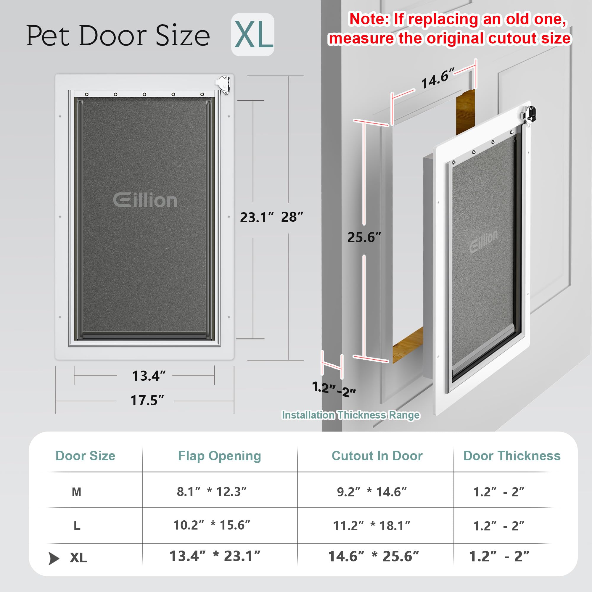 Eillion dog door installation cutout shows precise 14.6 by 25.6 inch dimensions.