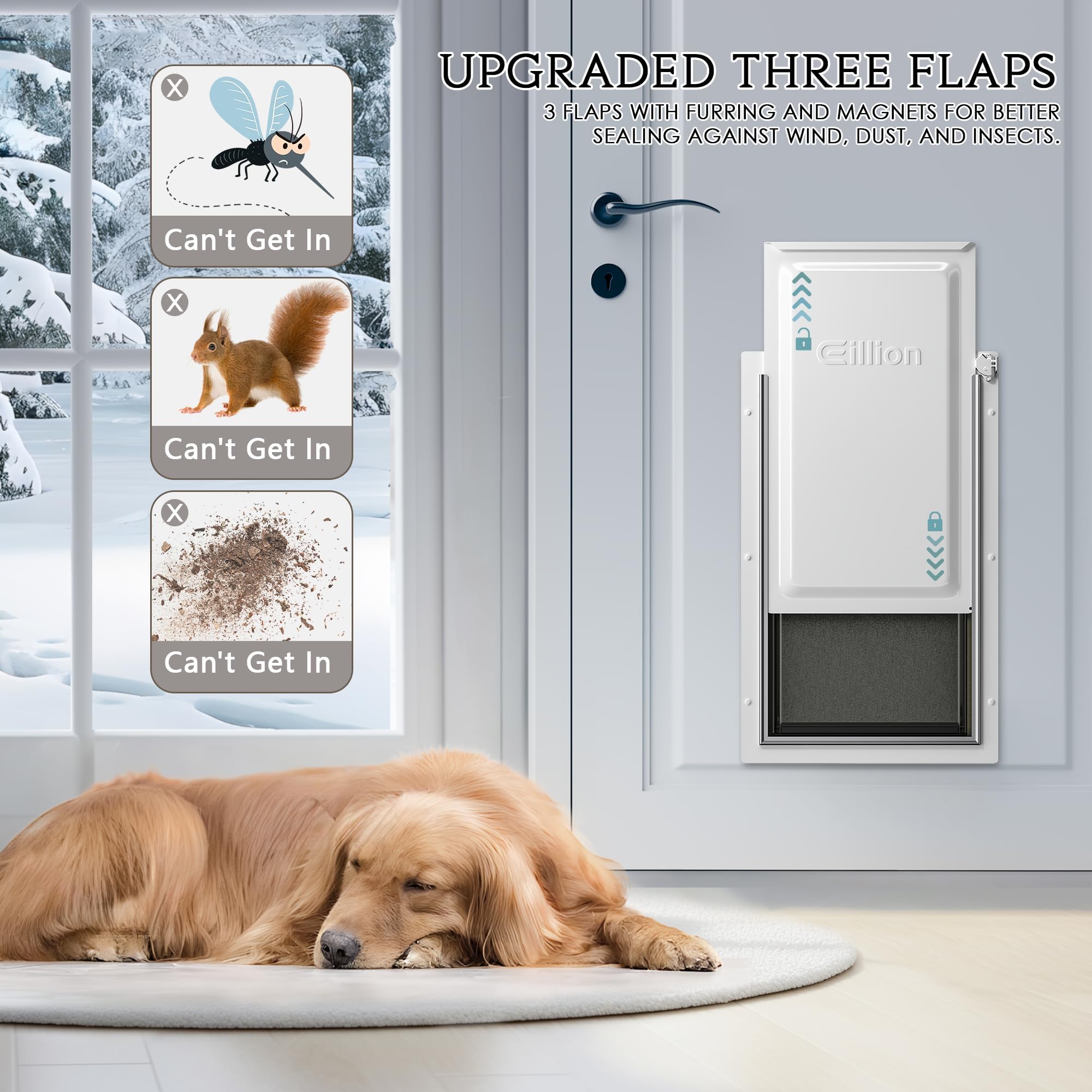 Eillion dog door with metal closing panel adds insulation and security.