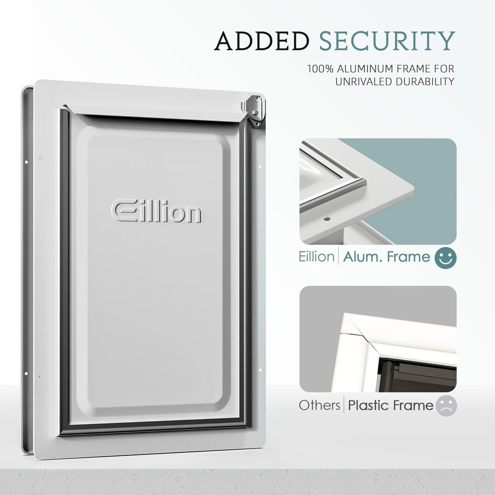 Eillion dog door with three flaps helps weatherproof entry for all seasons.